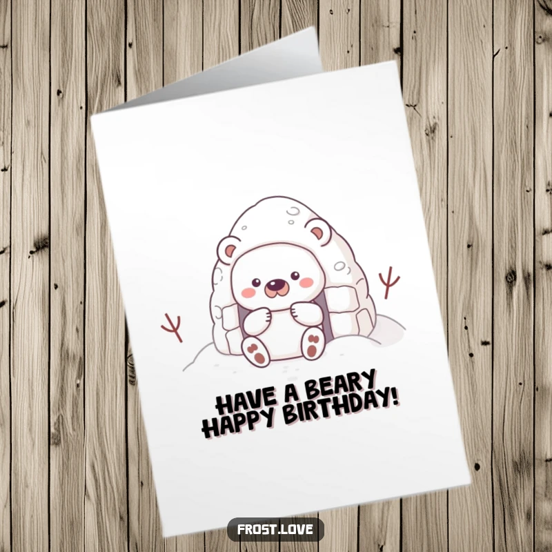 Funny Free Printable Birthday Card: A shy snow bear concentrating on building a tiny snow fort, celebrating a birthday with quiet charm.
