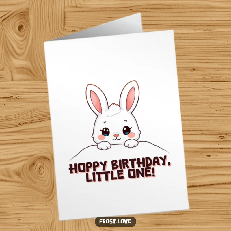 Funny Free Printable Birthday Card: A shy snow bunny with twitching nose peeks from a snowdrift, wishing a happy birthday.