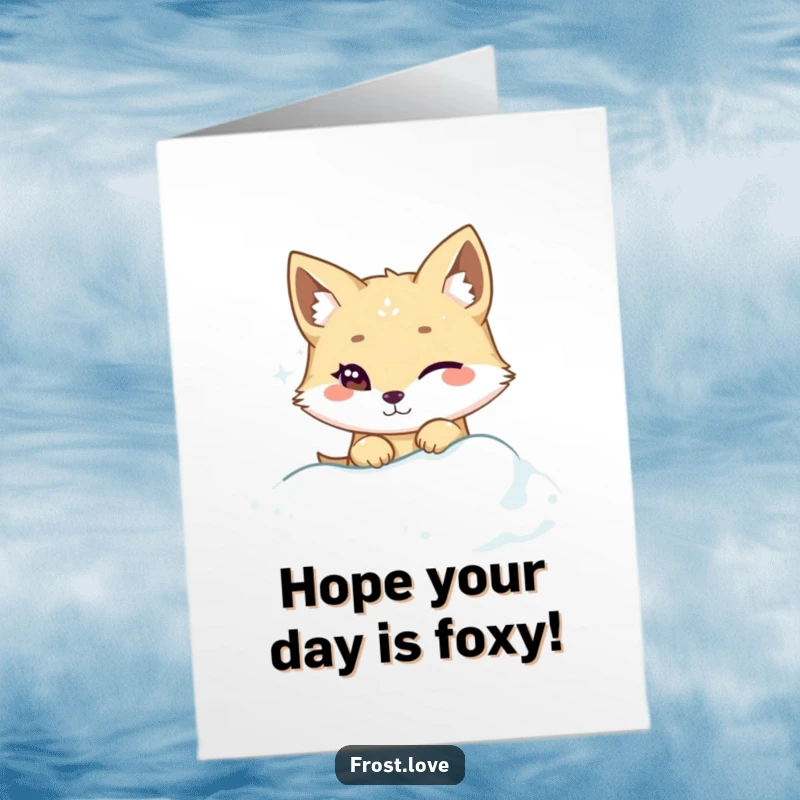 Funny Free Printable Birthday Card: Kawaii arctic fox winking from a snowdrift, playful surprise.