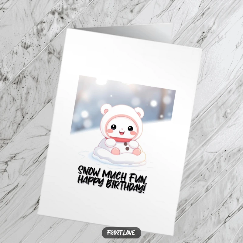 Funny Free Printable Birthday Card: Adorable snow creature gleefully rolling in a snowball, spreading winter cheer and giggles.