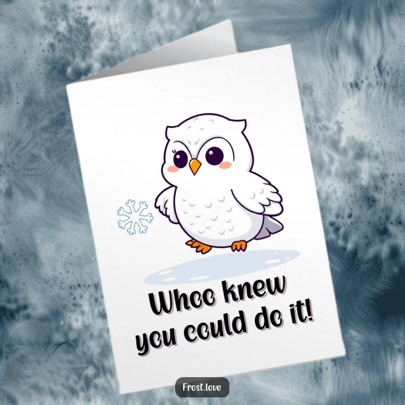 Funny Free Printable Congrats Card: Kawaii snowy owl playfully chasing a snowflake, celebrating wins.