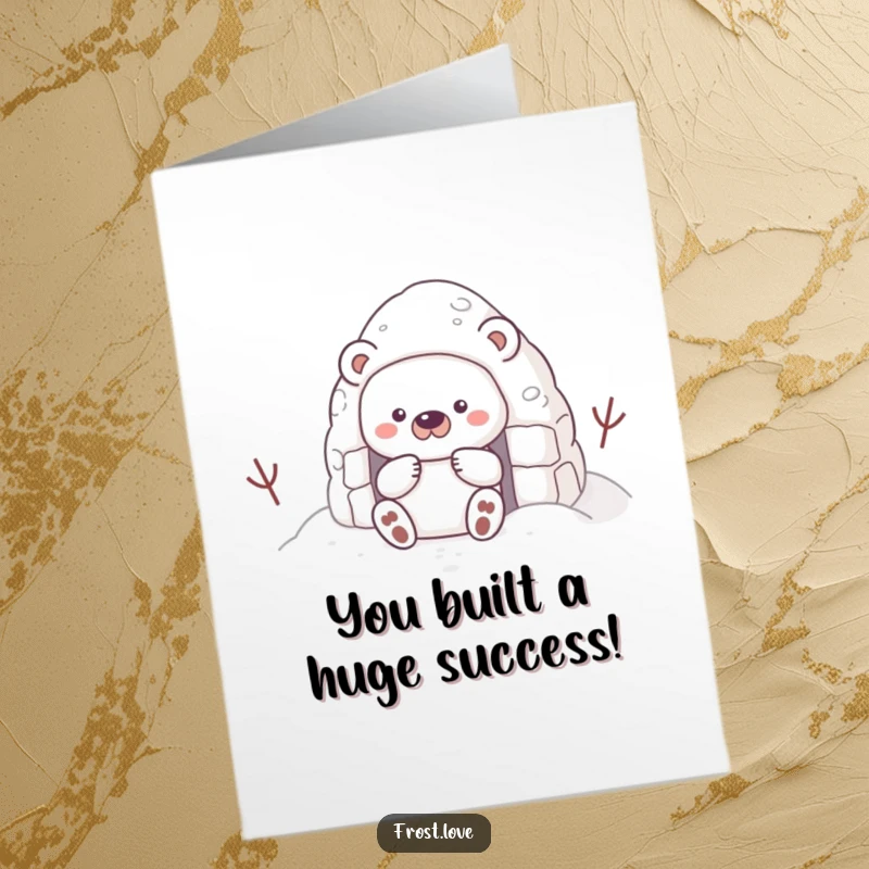 Funny Free Printable Congratulations Card: A shy snow bear meticulously building a small snow fort, conveying congratulations through quiet effort.