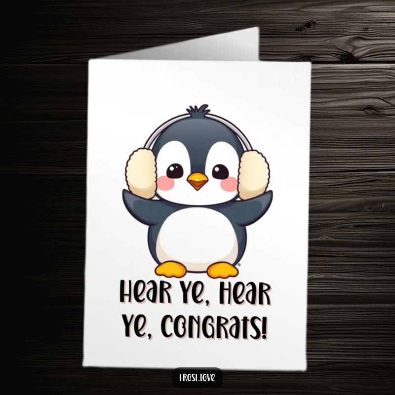 Funny Free Printable Congrats Card: Kawaii penguin comically wearing oversized earmuffs, celebrating success.