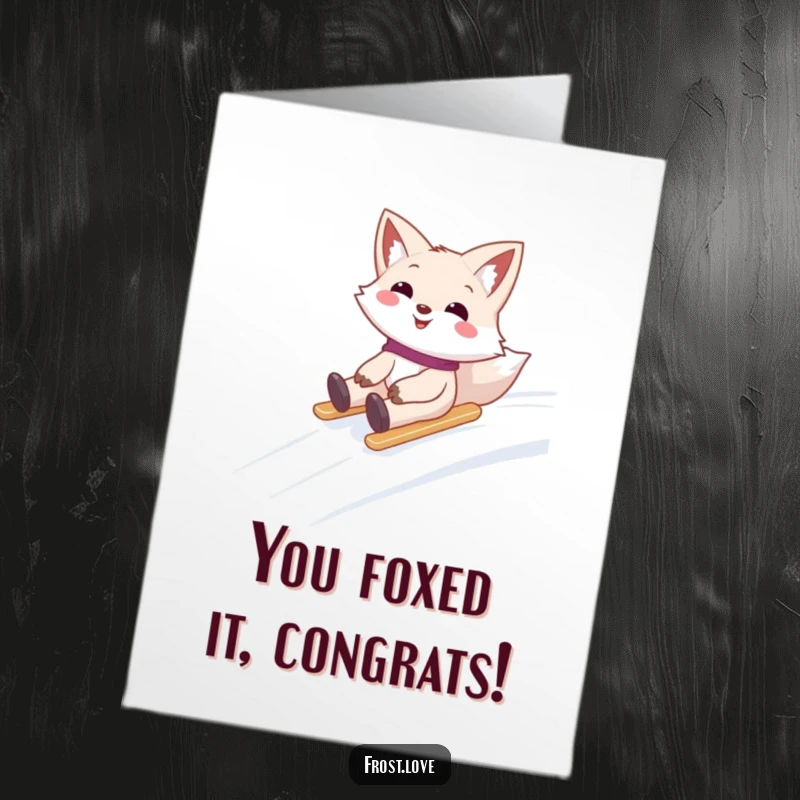 Funny Free Printable Congratulations Card: A smiling snow fox speeding down a snow-covered hill, conveying excitement and congratulations.