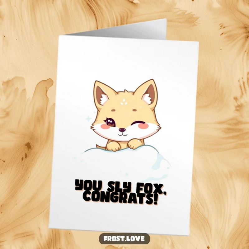 Funny Free Printable Congrats Card: Kawaii arctic fox winking from a snowdrift, celebrating success.