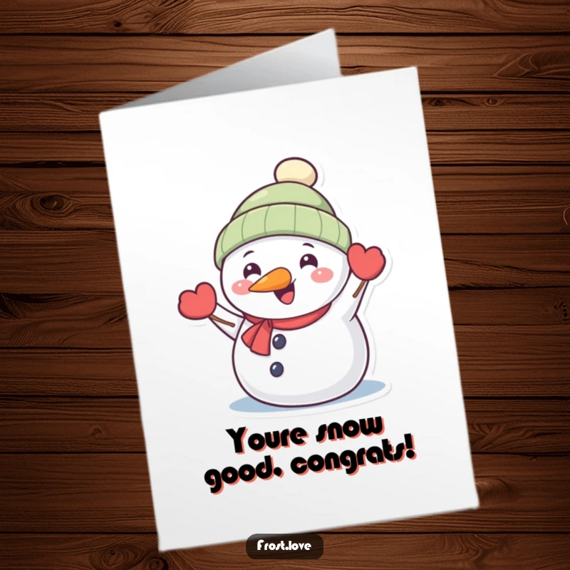 Funny Free Printable Congrats Card: Kawaii snowman with carrot nose happily waving, celebrating success.
