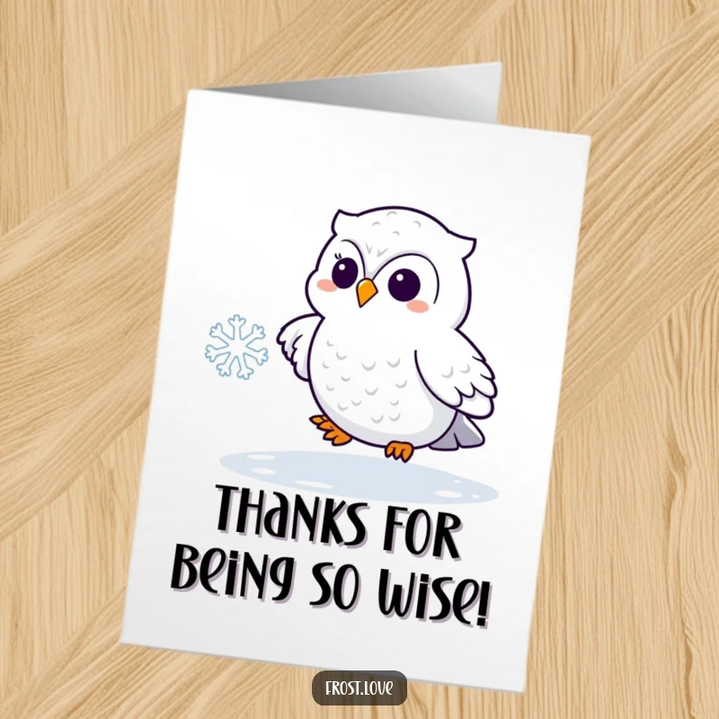 Funny Free Printable Thank You Card: Kawaii snowy owl chasing a snowflake, showing appreciation.