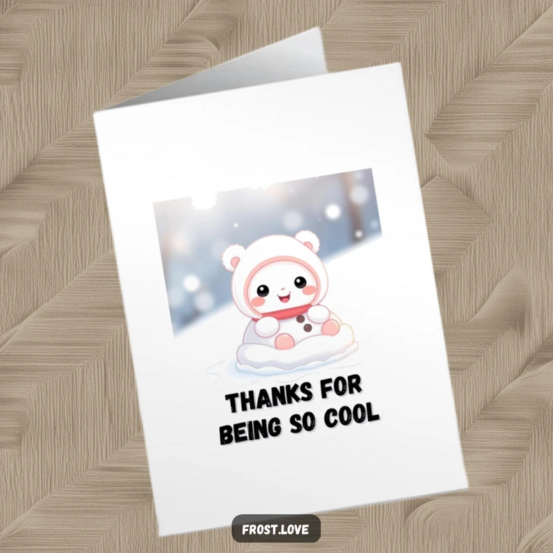Funny Free Printable Thank You Card: Enthusiastic snow creature rolling in snow, expressing heartfelt thanks with a playful spirit.