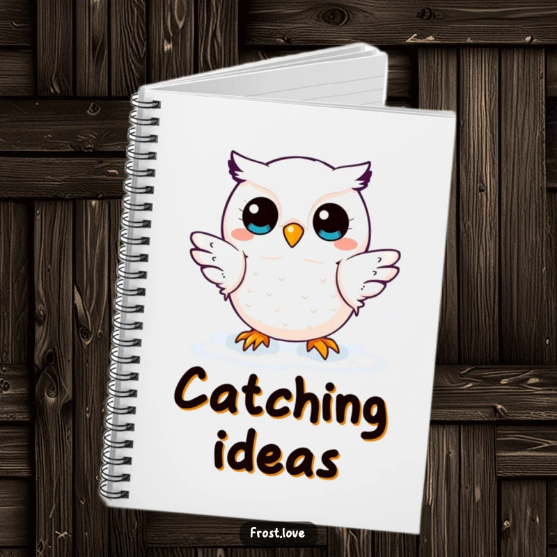 Funny notebook with a kawaii snow owl character catching snowflakes, ideal for jotting down cute ideas and winter plans.