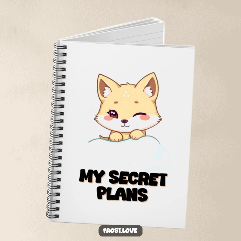 Funny Kawaii arctic fox winking while peeking from snowdrift notebook, cute sly animal stationery, humorous journal.