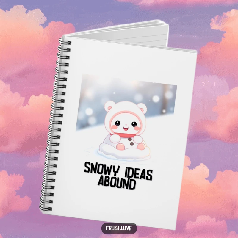 Funny notebook cover with a cute snow creature character joyfully rolling in the snow, perfect for capturing creative winter ideas.