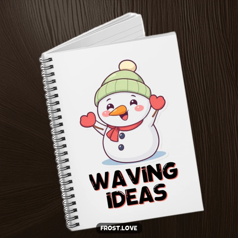 Funny Kawaii snowman with carrot nose happily waving notebook, cute winter character stationery, humorous holiday journal.