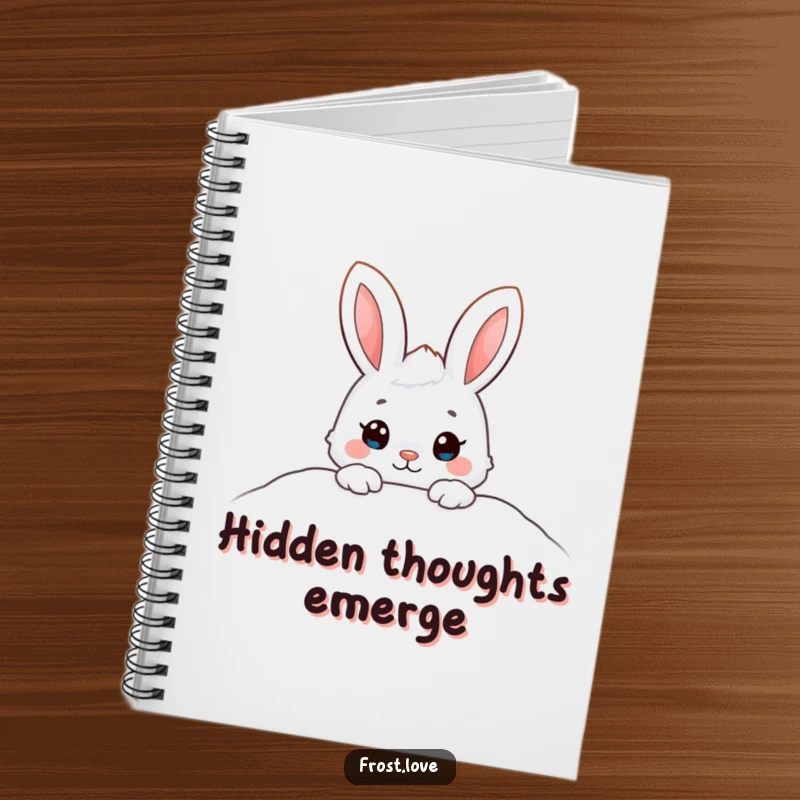 Funny notebook with an adorable snow bunny character peeking from a snowdrift, ideal for jotting down cute ideas and winter plans.