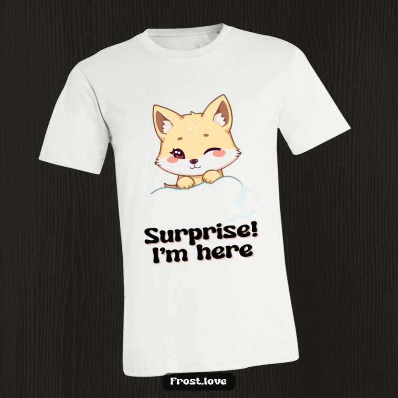 Funny Kawaii arctic fox winking while peeking from snowdrift shirt, cute sly animal fashion, humorous winter wear.