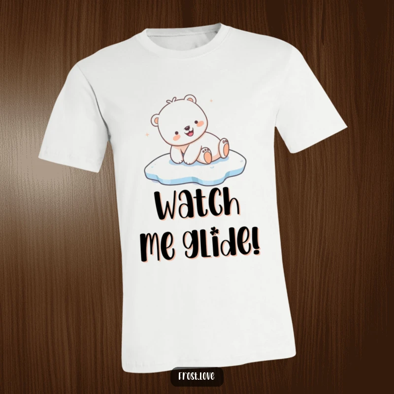 Funny Kawaii polar bear joyfully sliding on ice, cute arctic animal shirt, humorous winter fashion.