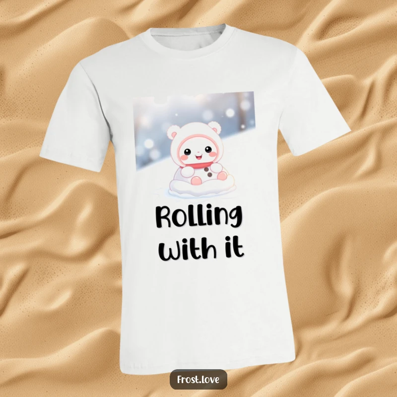 Funny t-shirt showcasing a cute snow creature character delightedly rolling in fresh snow, radiating happiness and winter fun.