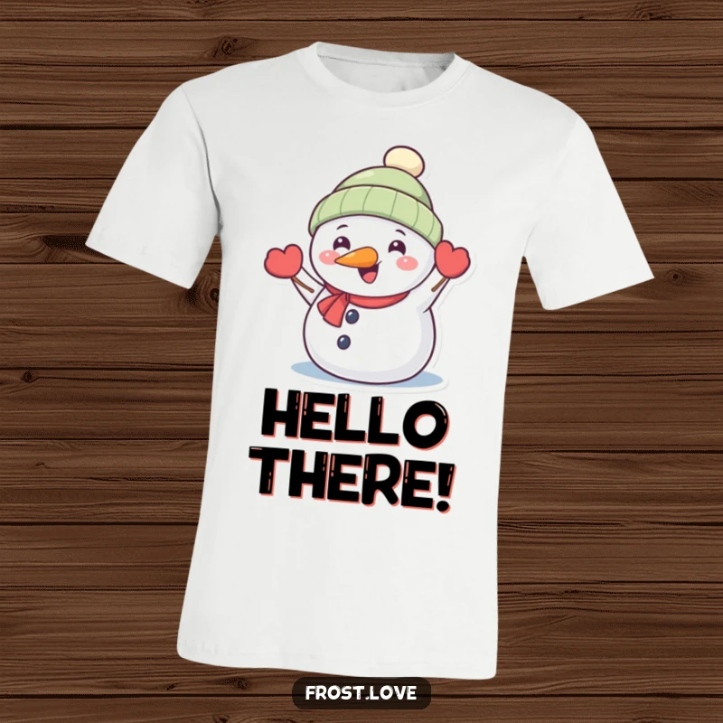 Funny Kawaii snowman with carrot nose happily waving shirt, cute winter character fashion, humorous holiday wear.