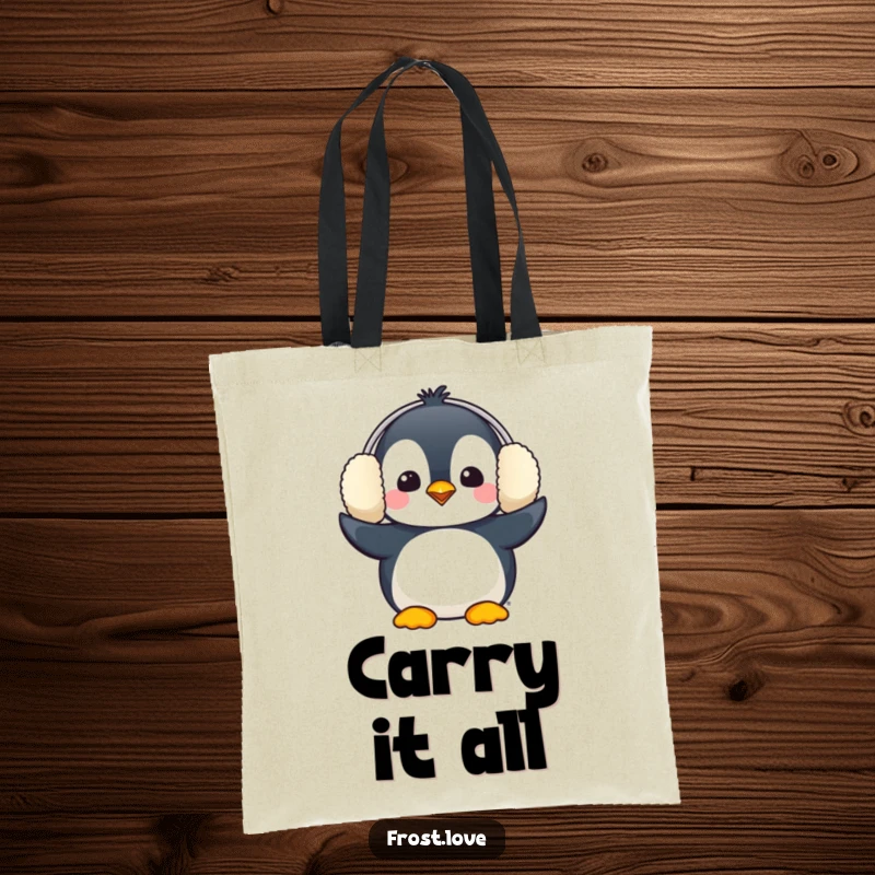 Funny Kawaii penguin comically wearing oversized earmuffs tote bag, cute winter bird accessory, humorous shopper.