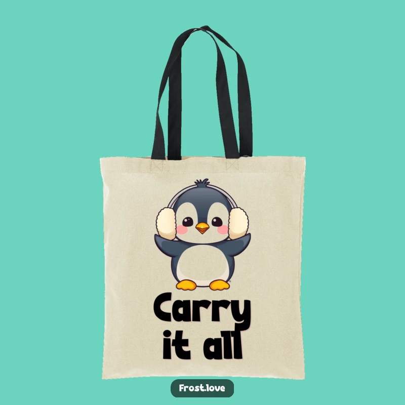 Funny Penguin Earmuffs Tote Bag: Comical Bird Carryall Gift