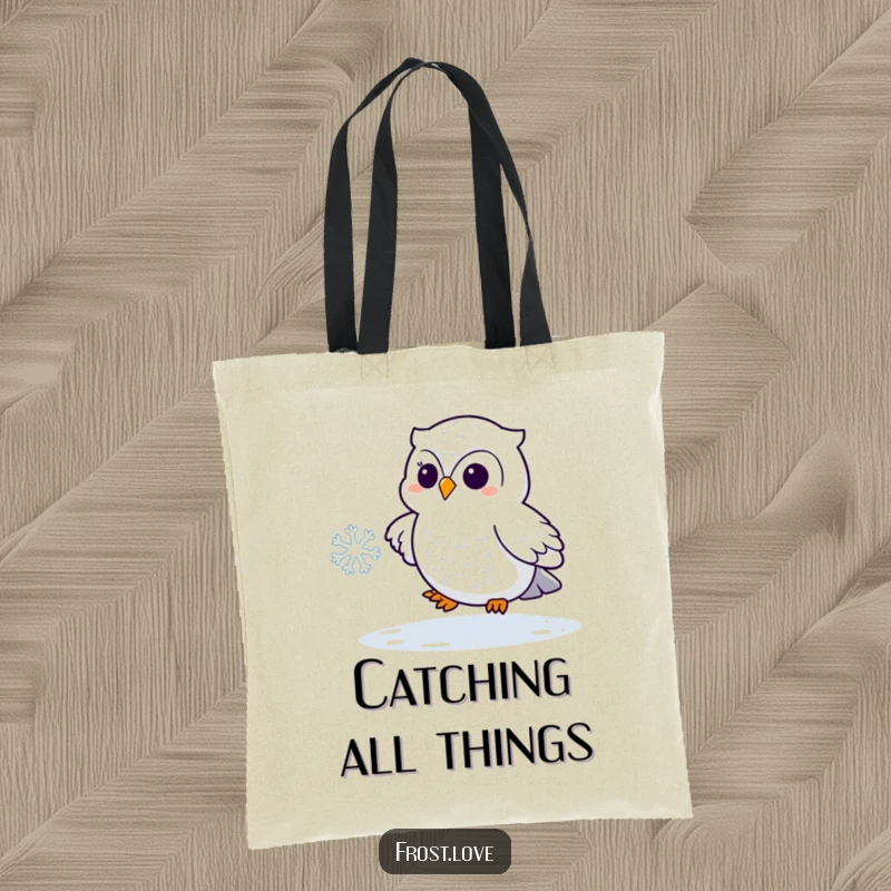 Funny Kawaii snowy owl playfully chasing a snowflake tote bag, cute arctic bird accessory, humorous shopper.