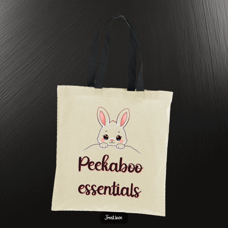 Funny tote bag displaying an adorable snow bunny character peeking from a snowdrift, a symbol of winter cheer and sweet surprises.